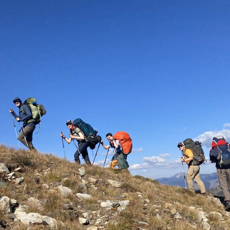 Hikers climbing a sparse meadow trail