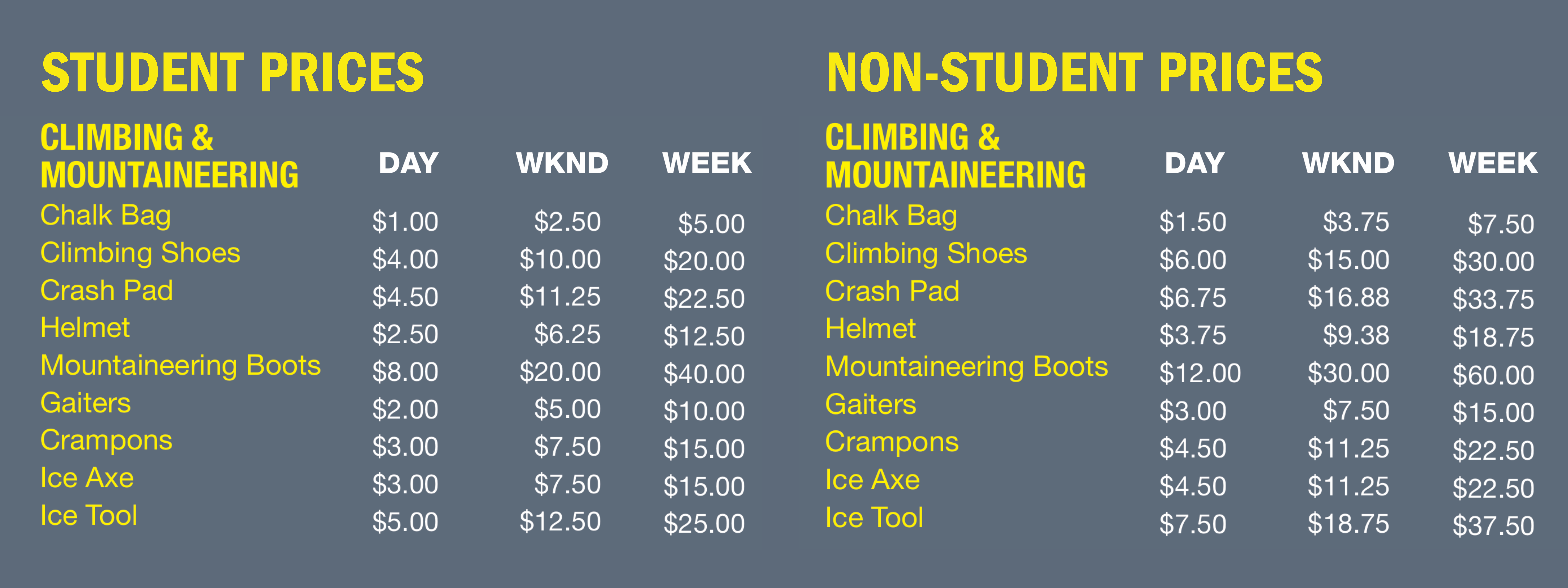 Climbing and Mountaineering Prices