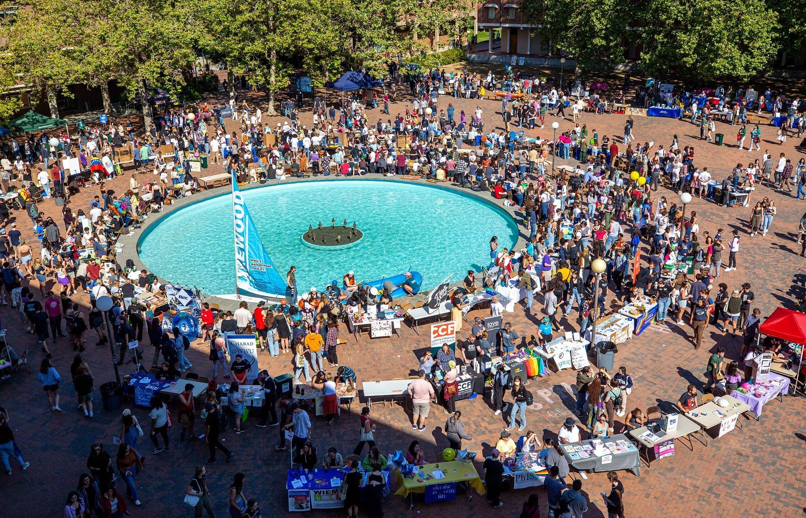 Info Fair booths in a circle around the fountain in Red Square