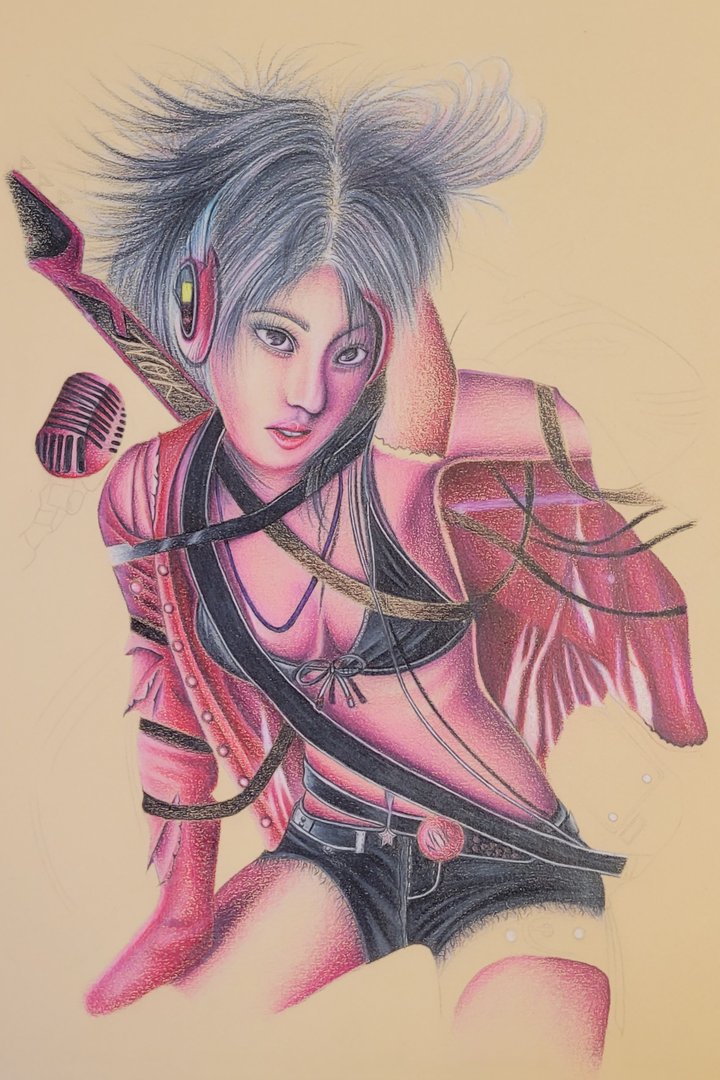 Partially unfinished color pencil drawing of woman in pink with a guitar around her shoulder