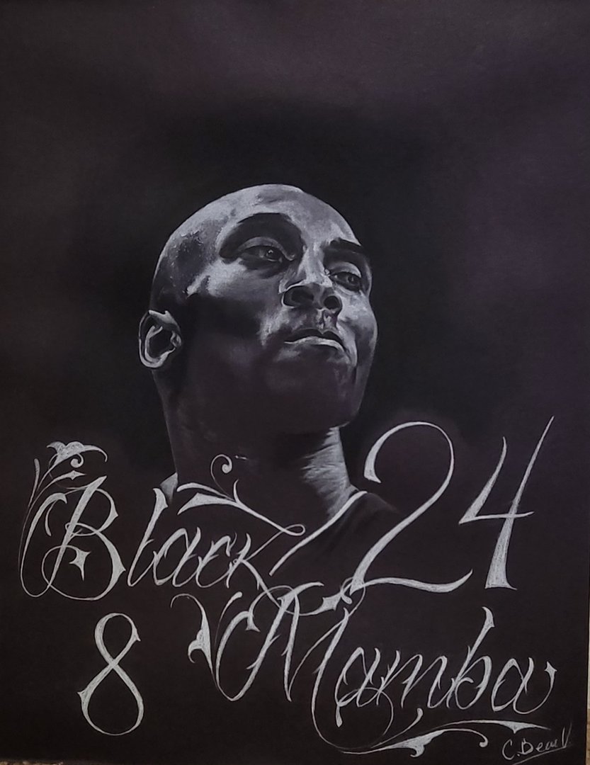 Charcoal portrait of Kobe Bryant with script of his nickname, "Black Mamba"