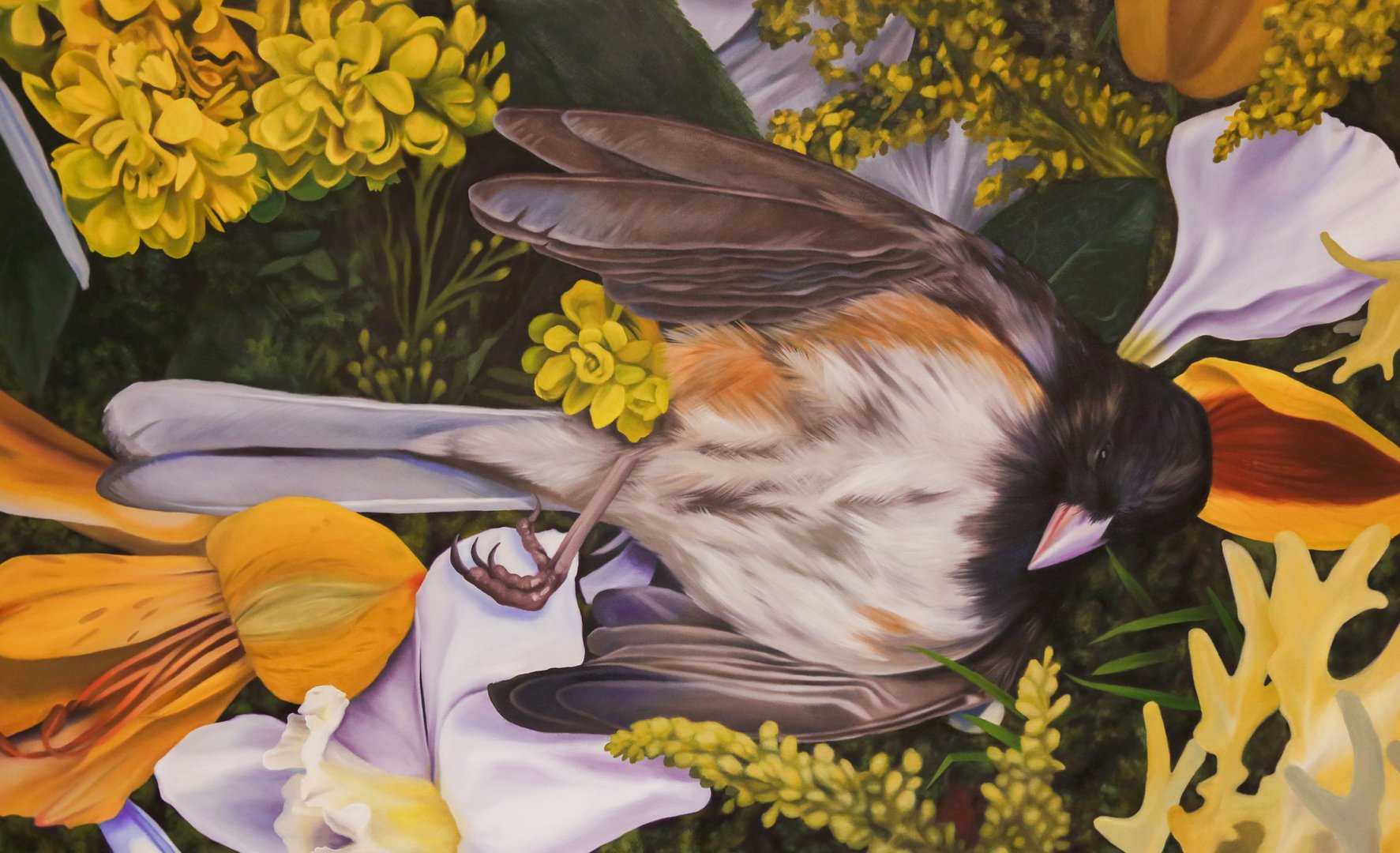 Oil painting of a dead bird in a patch of flowers.jpg