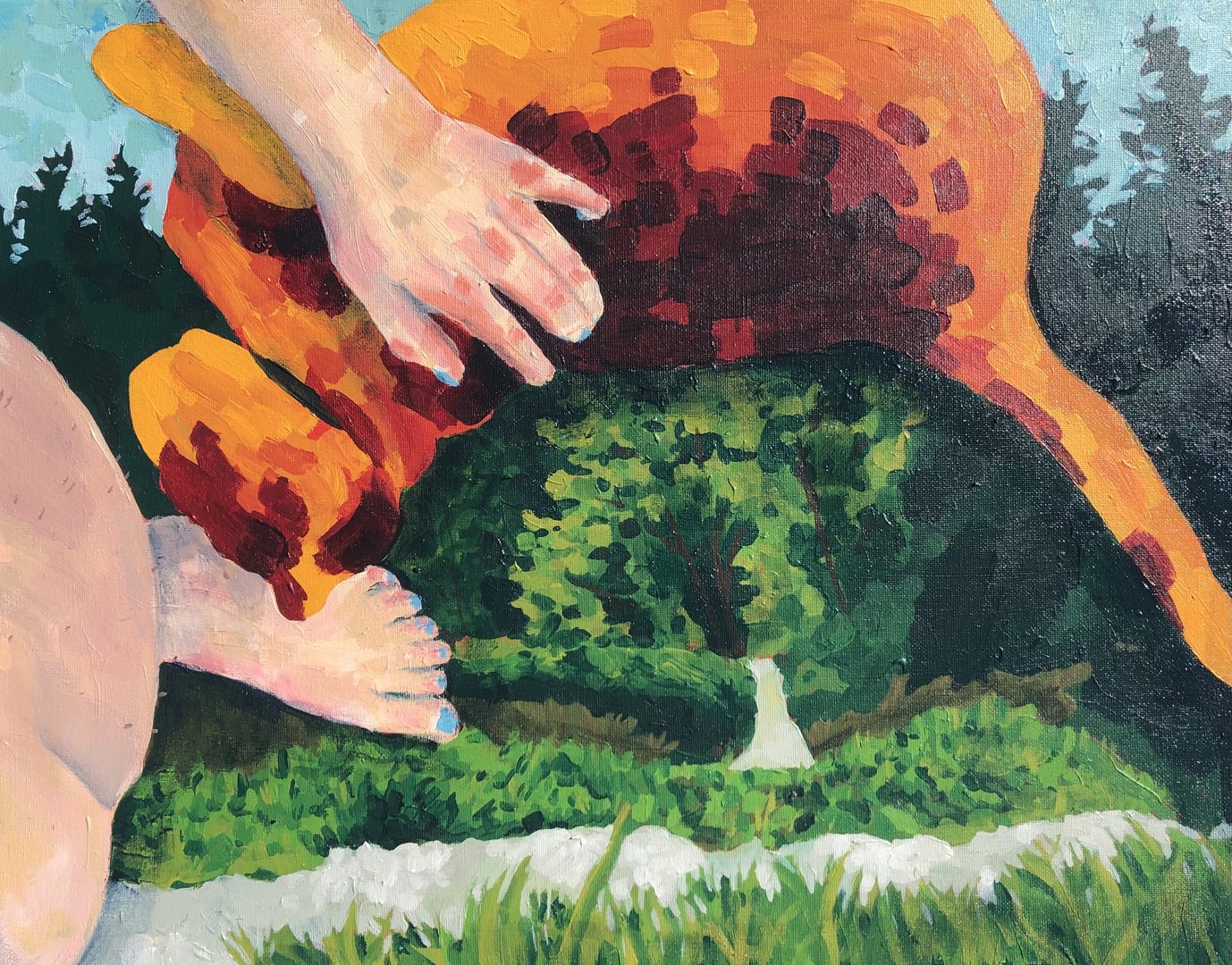 Acrylic painting of a human hand petting a cat set on top of a nature scene
