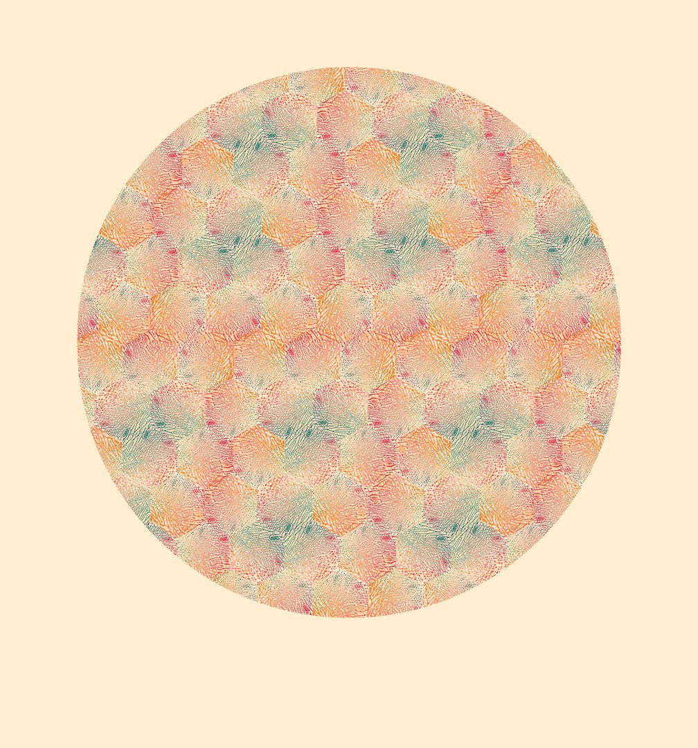 circular screen print with repeating coral-like pattern against a pale yellow background