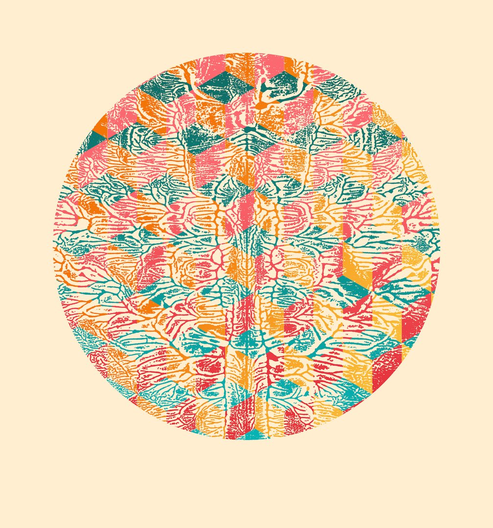 circular screen print with a diamond pattern against a pale yellow background