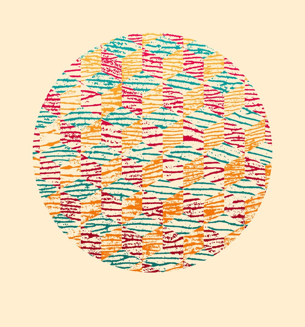 circular screen print with a diamond pattern in green red and orange against a pale yellow background