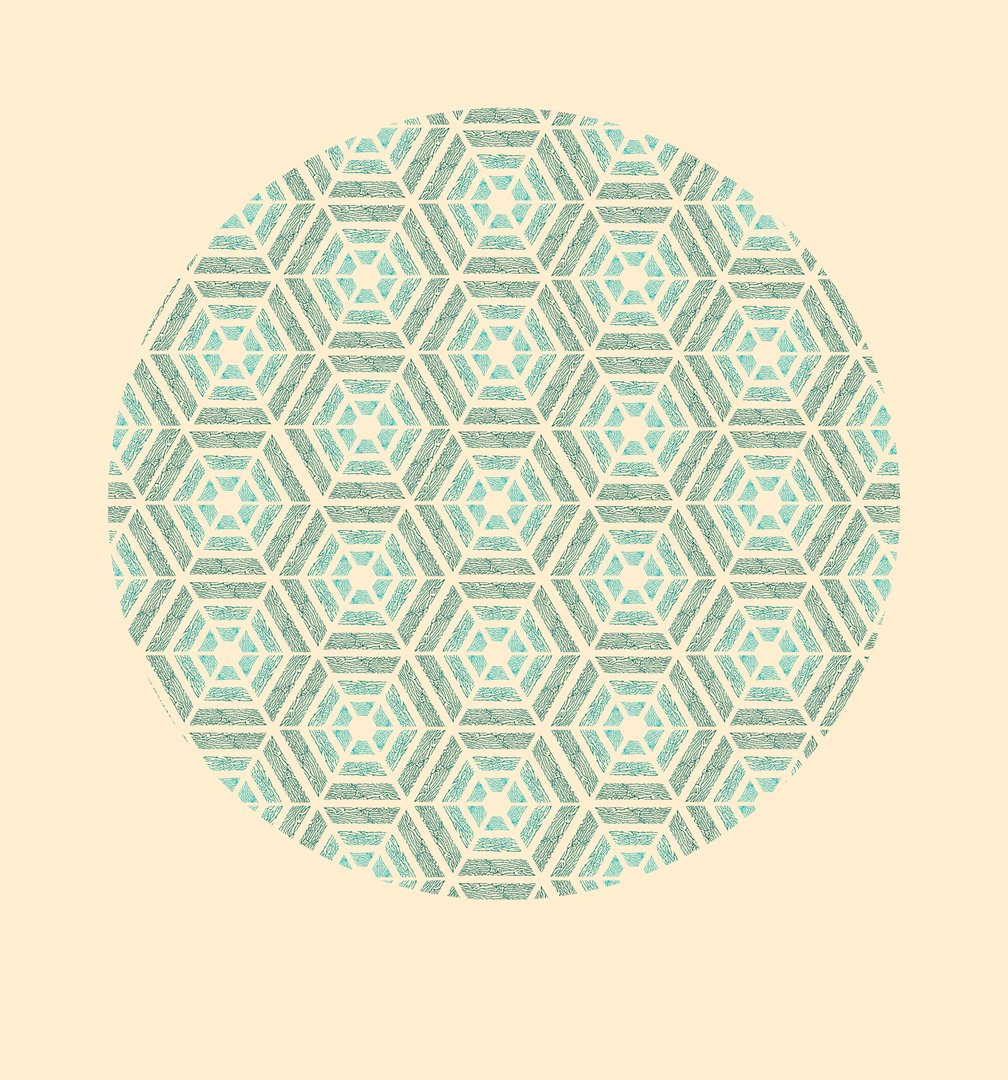 circular screen print with a monochrome blue pattern of hexagons against a pale yellow background