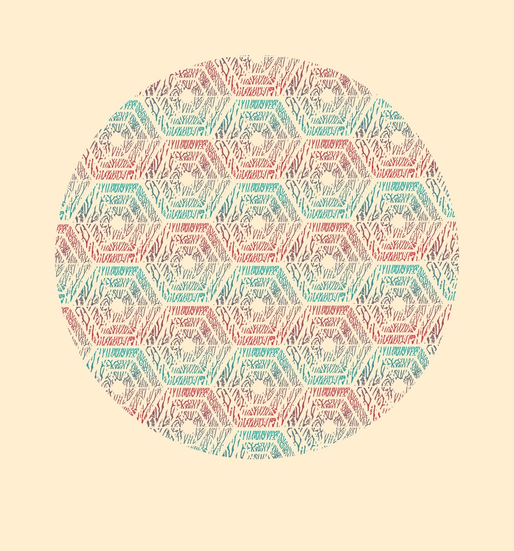circular screen print with a hexagonal pattern and horizontally alternating shades of blue and red against a pale yellow background