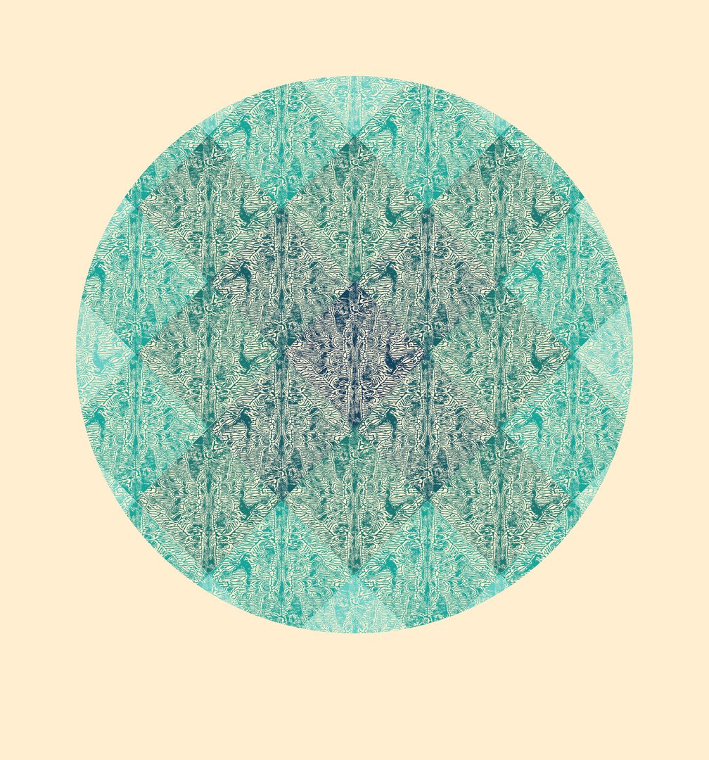circular screen print with a diamond monochrome blue pattern against a pale yellow background
