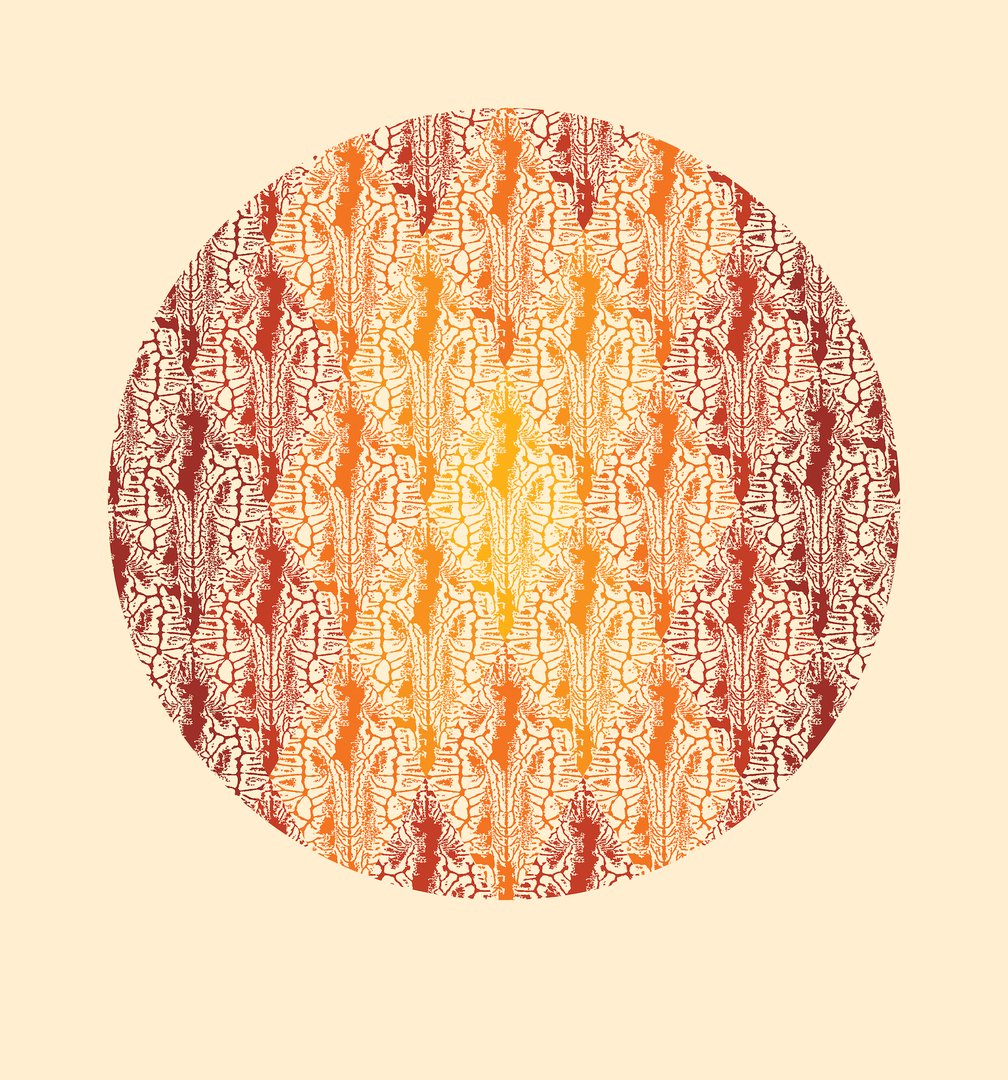 circular screen print with a yellow center and red perimeter against a pale yellow background