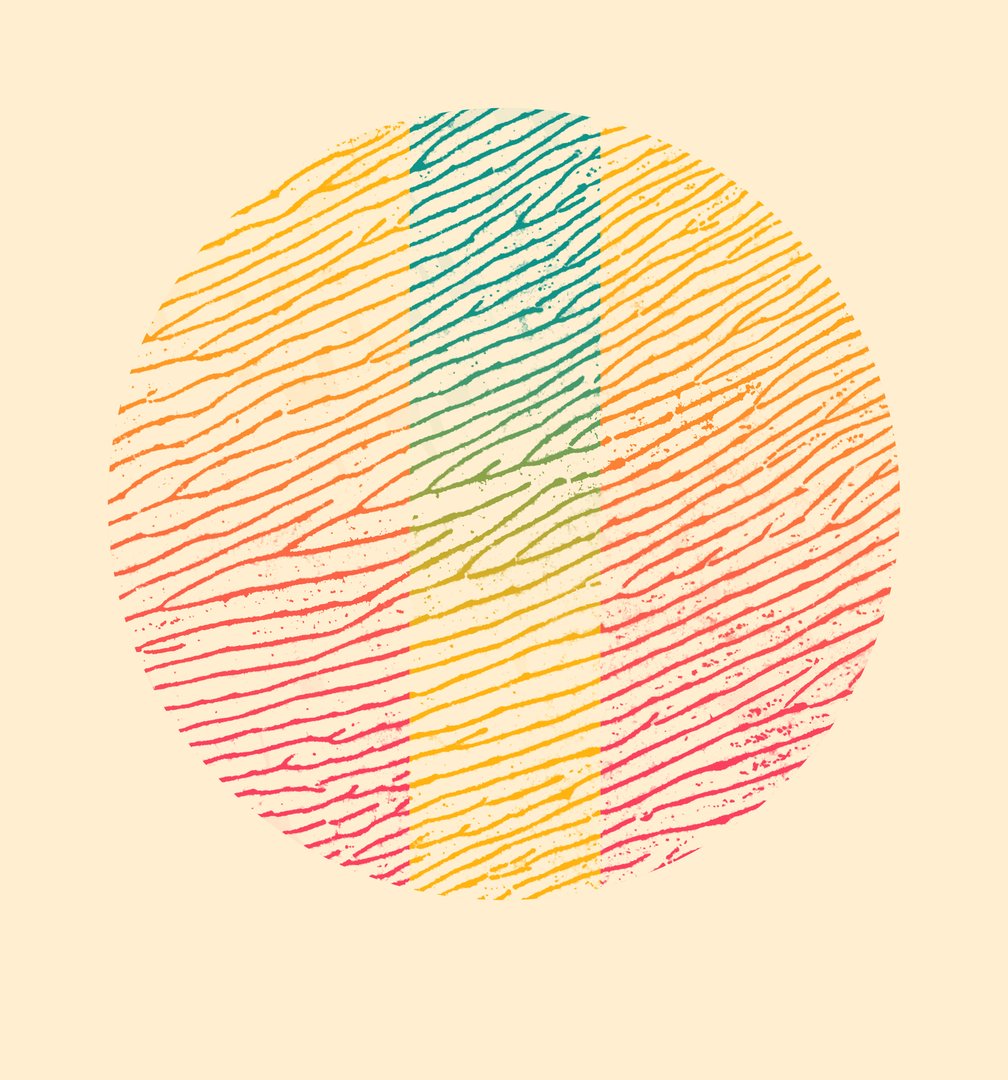 circular screen print with vertical rectangular core against a pale yellow background
