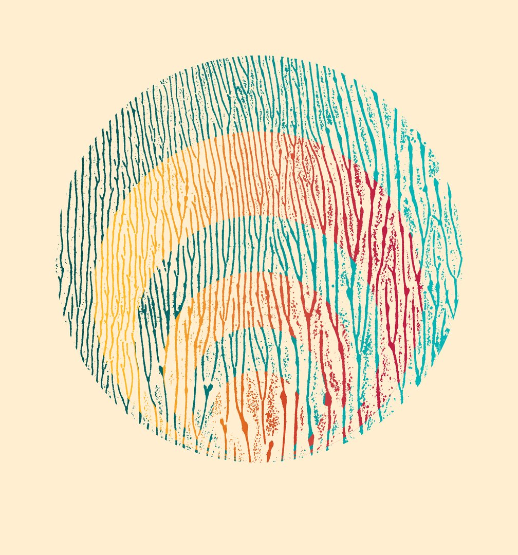 circular screen print with concentric crescents against a pale yellow background