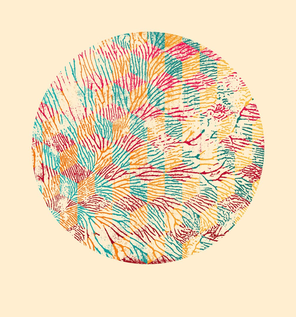 circular screen print with a diamond and coral-like pattern against a pale yellow background
