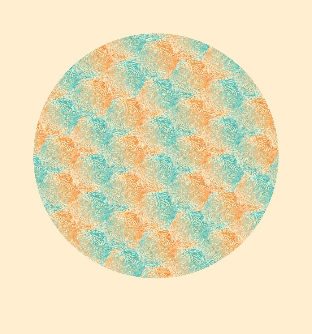 circular screen print with an alternating pattern of teal and orange against a pale yellow background