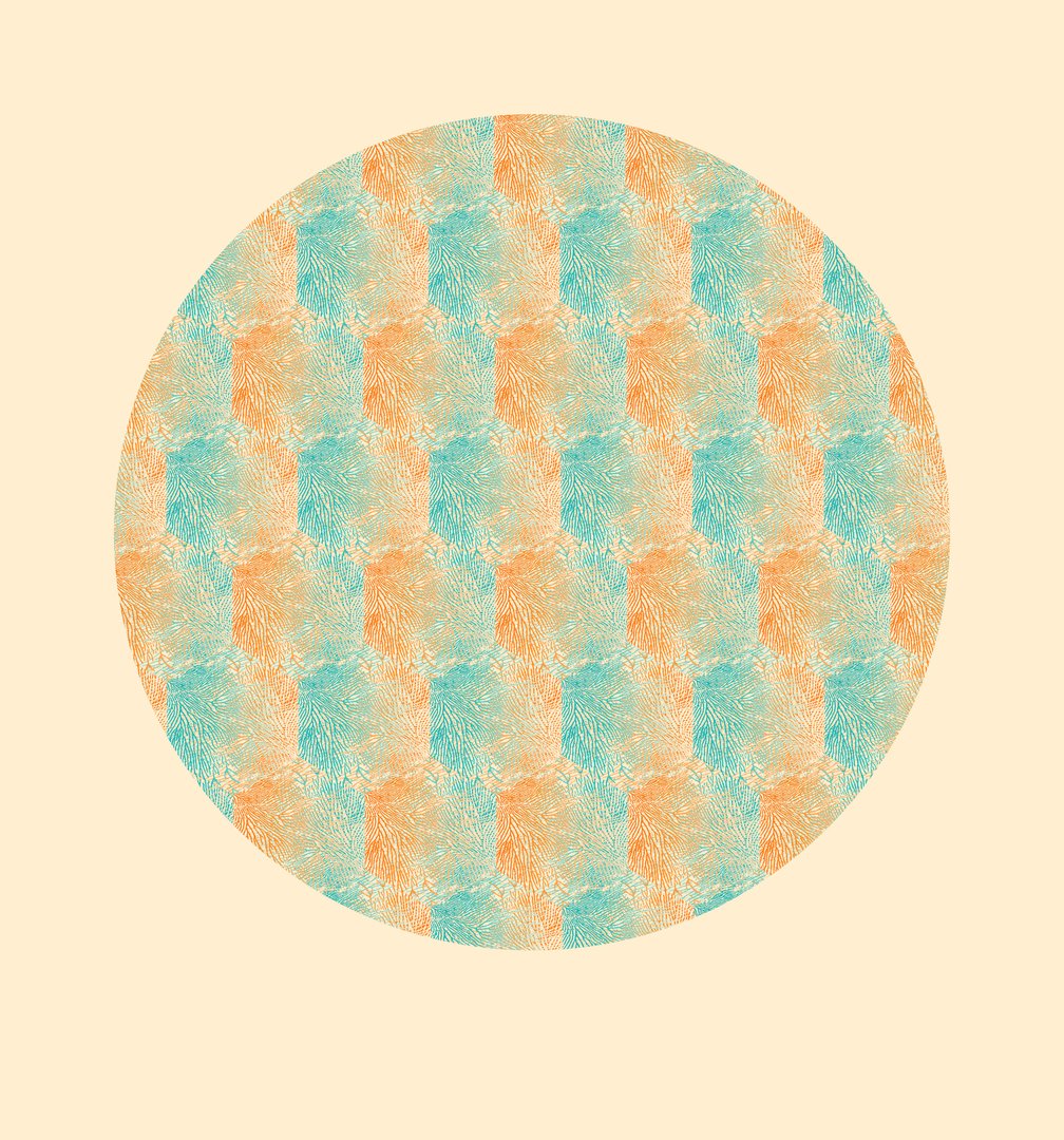 circular screen print with a vertically alternating pattern of teal and orange against a pale yellow background