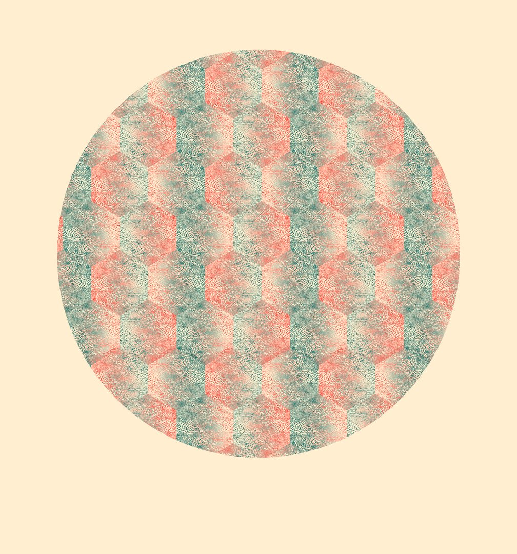 circular screen print with a vertically alternating pattern of teal and red hexagons against a pale yellow background