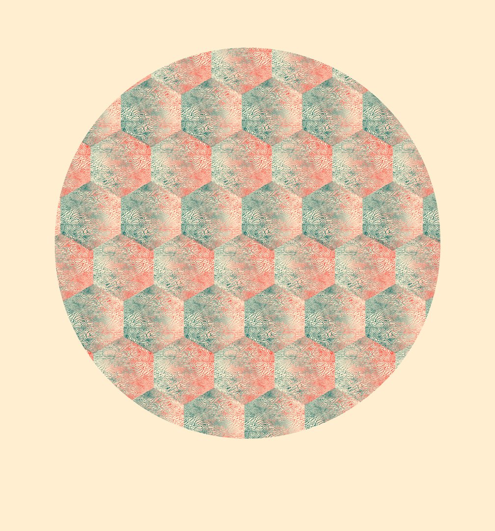 circular screen print with a horizontal pattern of teal and red hexagons against a pale yellow background