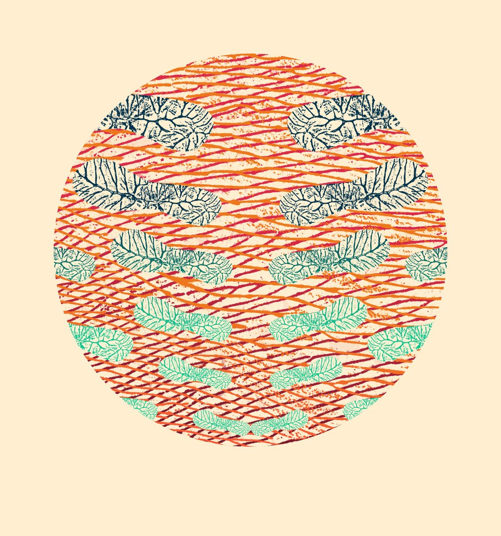 circular screen print with symmetrical organic floating shapes against a pale yellow background