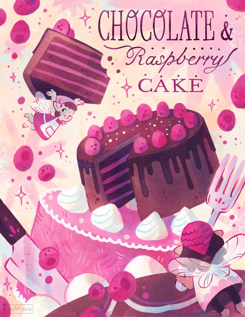 Chocolate and Raspberry Cake - gouache and digital - 8x11in - 2021