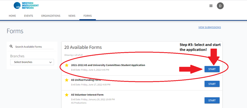 Committees Application Step #3: Select and start the application for 21-22 AS and University Committees Student Application