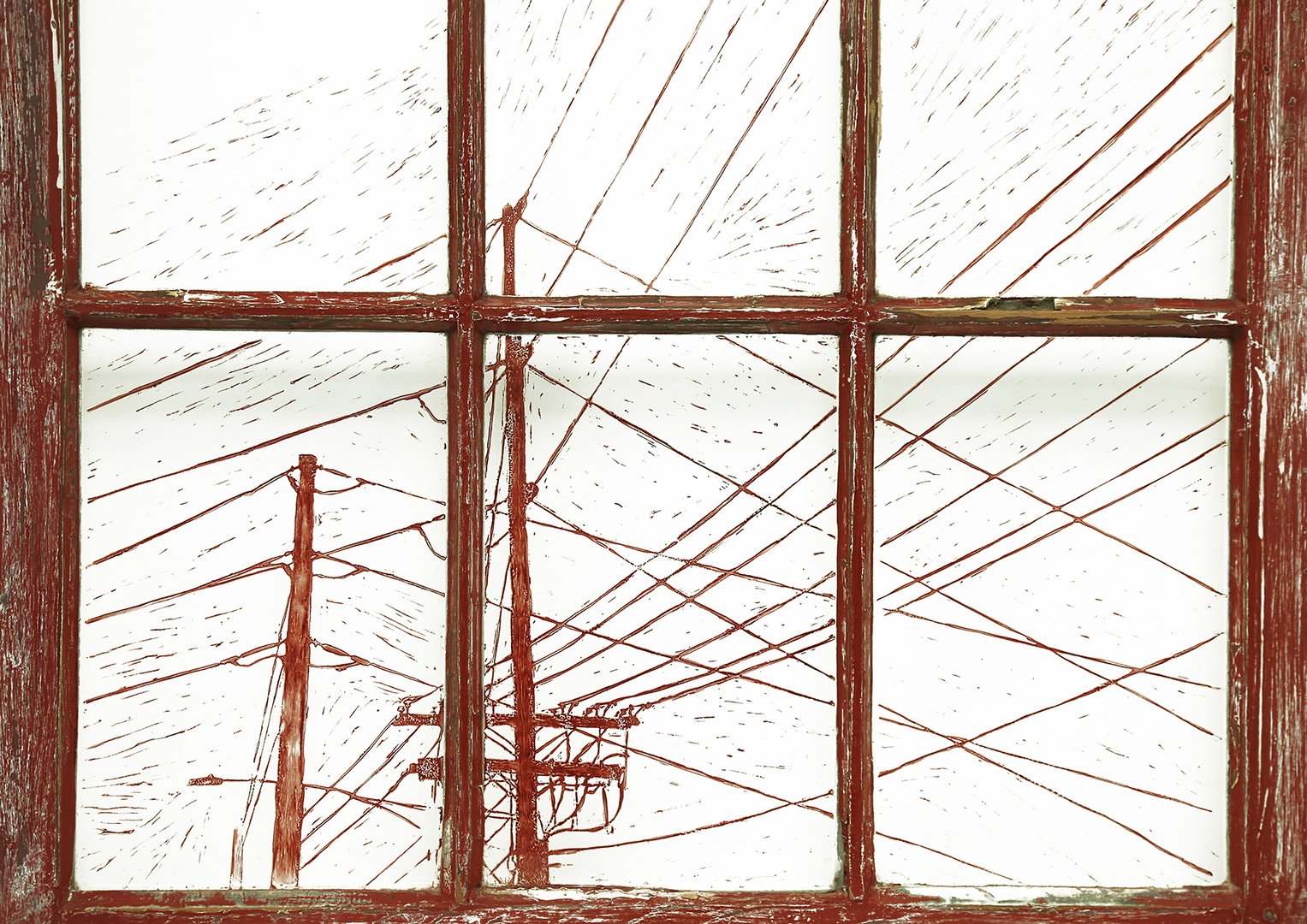 Detail view of relief print of electricity lines on glass window in red and white.jpg