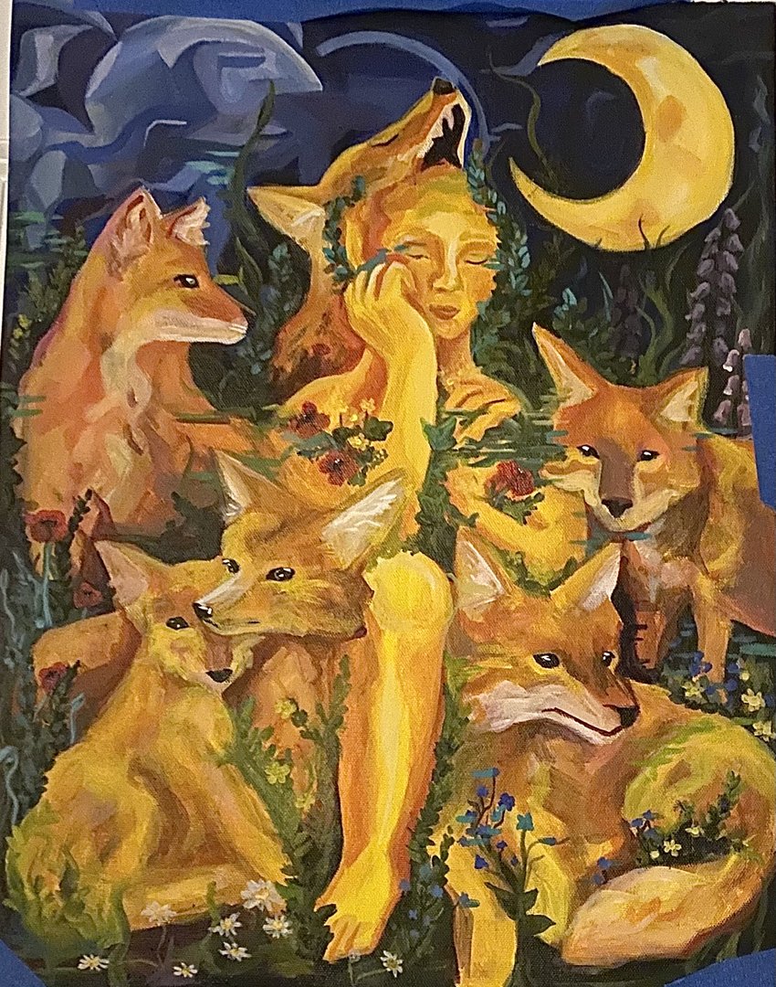 Acrylic painting of a human figure with foxes in a field at night