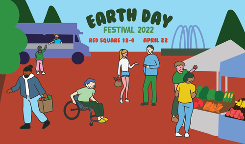Image of a colorful illustration of WWU&#x27;s Red Square with a food truck and fountain in the background and food vending stands in the foreground, with seven people roaming the square in brightly colored clothing, representing students of many ethnicities. Some students are shopping, some are talking, one student is using a wheelchair to browse the booths. Text reads: Earth Day Festival 2022, Red Square 12 - 4, April 22