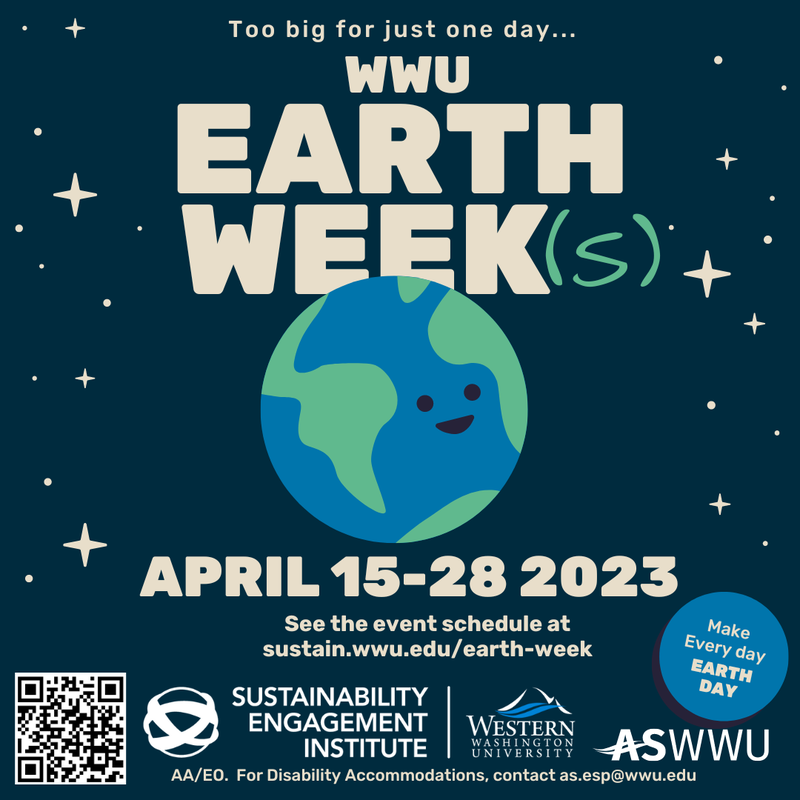 cartoon illustration of the earth with a smiley face floating in a field of stars with the title "WWU Earth Week(s)", listing the dates as April 15 - 28, 2023. The sponsoring organizations shown are WWU, ASWWU, Sustainability Engagement Institute. For disability accommodations, contact as.esp@wwu.edu