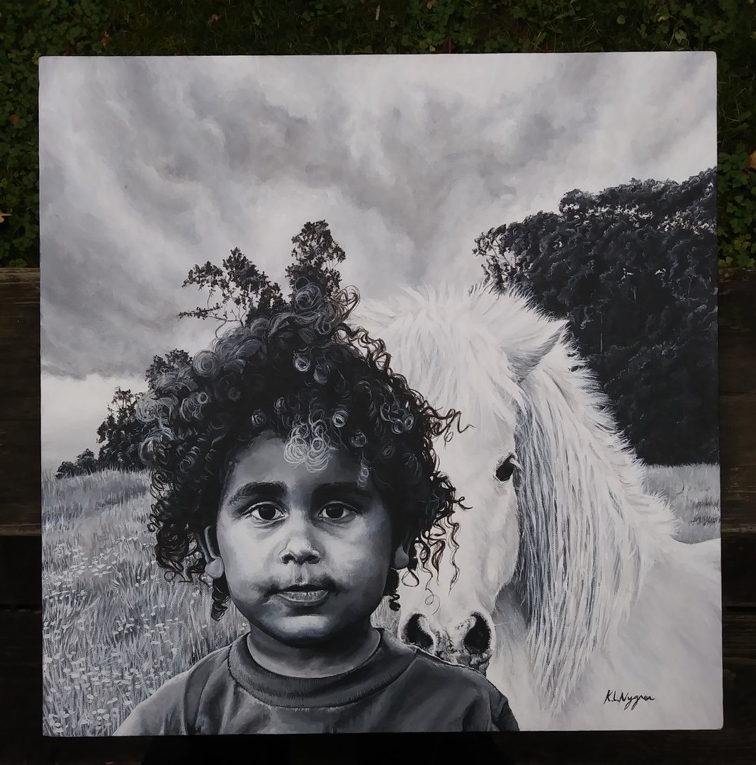 black and white painting of a young child in front of a horse