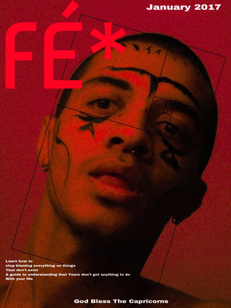 digitally edited photograph of Brandon Santana as the cover of a fake magazine, overlaid with the golden ratio again but in red tones
