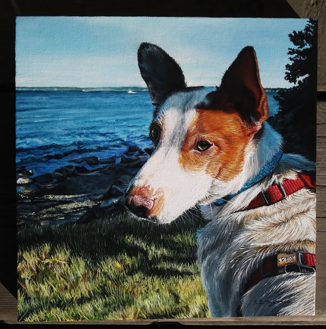 painting of a white and brown dog looking over their shoulder while sitting in front of a beach