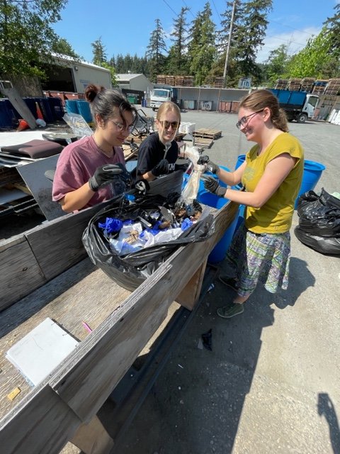 Three people sorting a bag of trash for a waste audit at the AS Recycle Center.