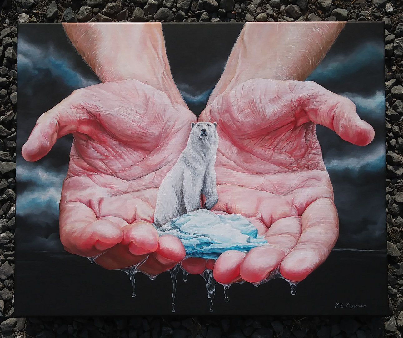 painting of a pair of human hands holding a polar bear atop melting ice