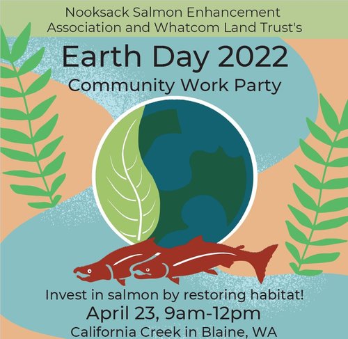 graphical design with two salmon in front of an earth and plant symbol and text that contains the time and date information repeated below
