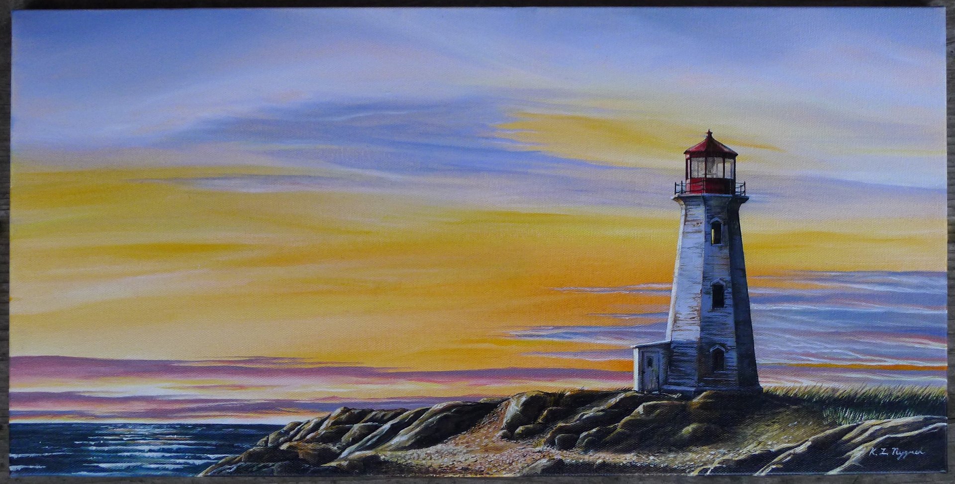 painting of an abandoned lighthouse at sunset