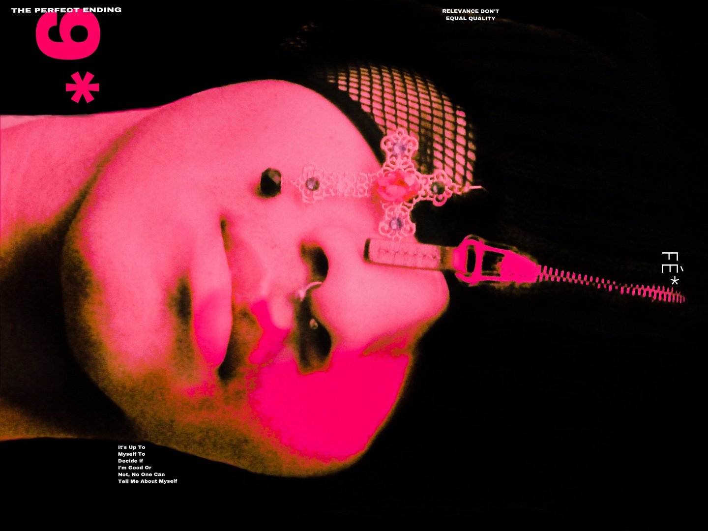 digitally edited photograph of Brandon Santana, sideways, as the cover of a fake magazine, wearing a fishnet face covering and a bejeweled crucifix, all in black and hot pink