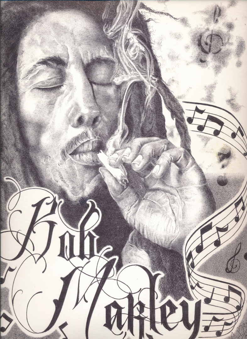 Portrait of Bob Marley with the script "Bob Marley" and a winding staff of music