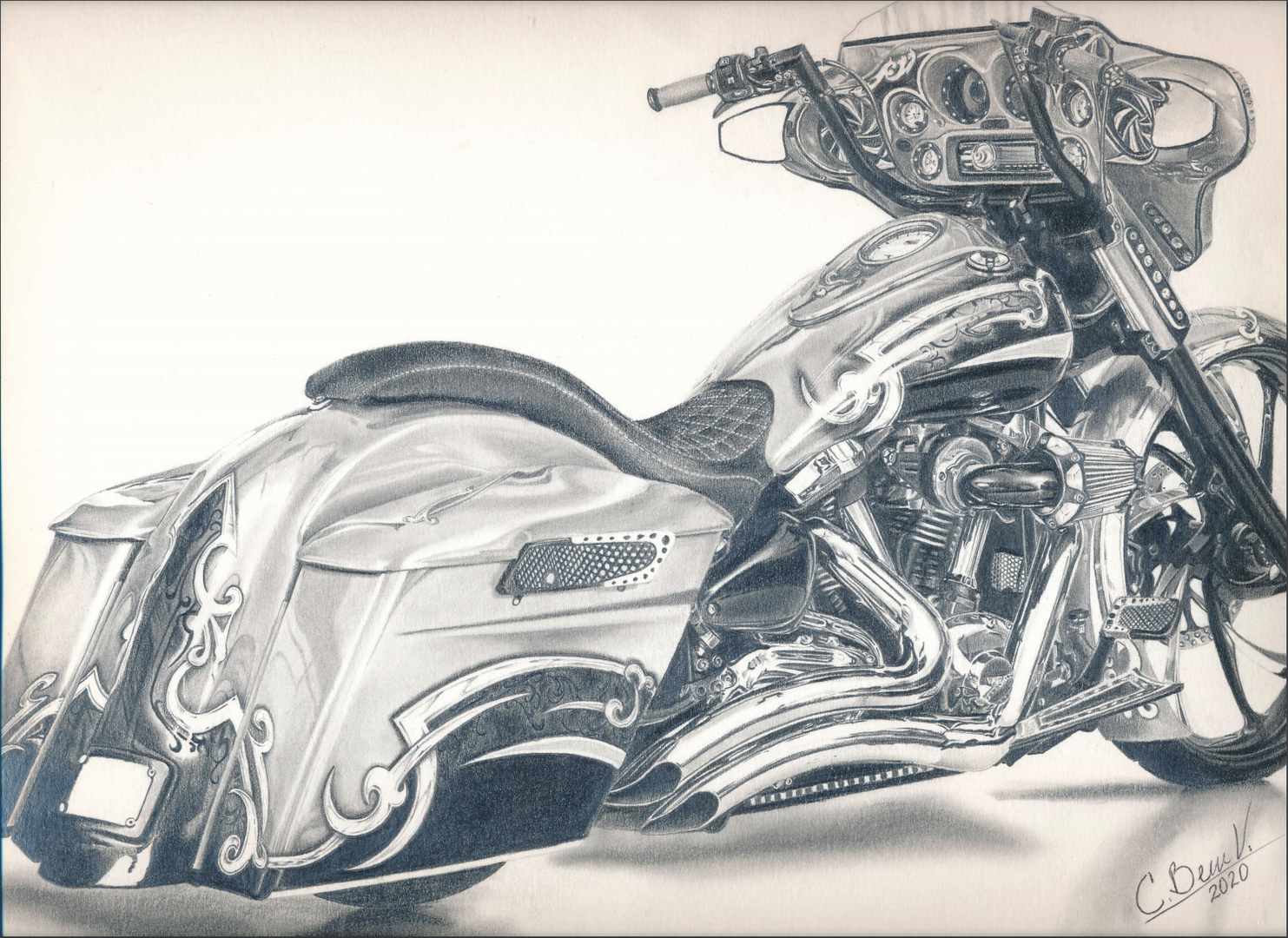 Pen drawing of a three quarters view of a Harley motorcycle
