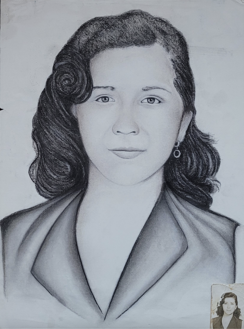 Charcoal portrait of woman modeled after her photograph in the lower right corner