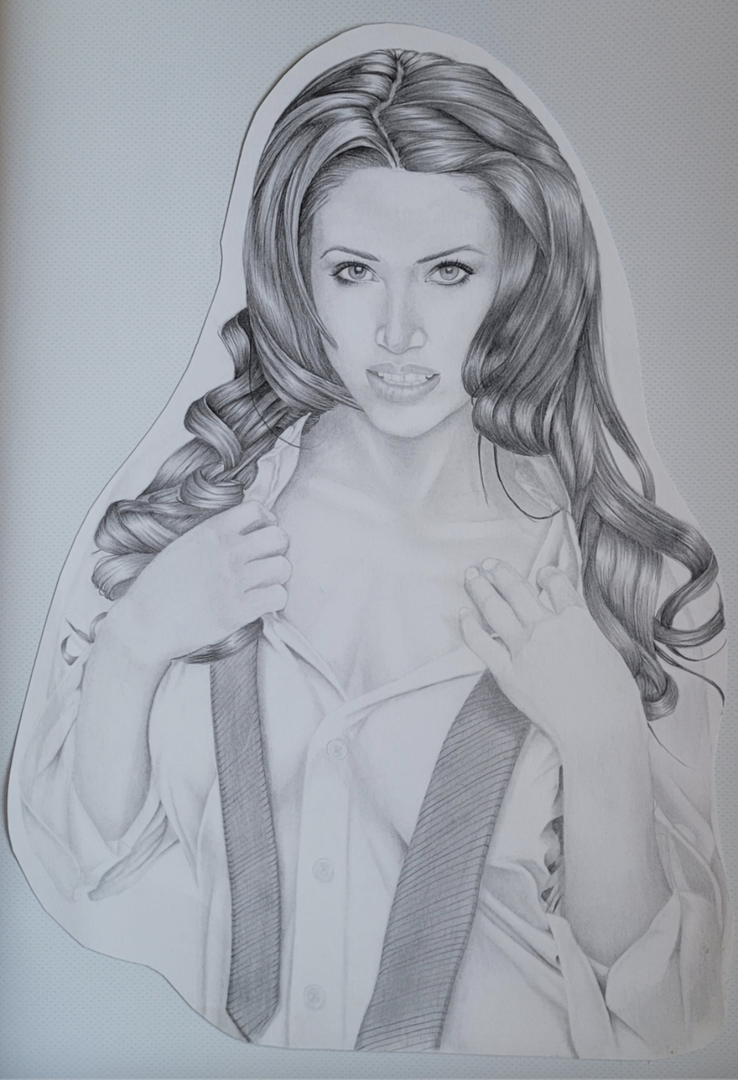 Pencil drawing of a woman with long hair holding open her button down shirt