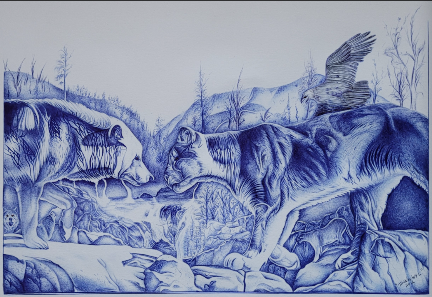 Blue pen drawing of a mountain lion facing a bear in a mountainous scene