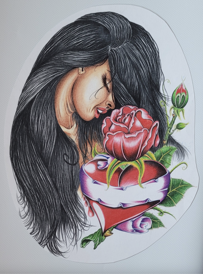 Drawing of a woman's profile next to a heart with a blank banner and roses