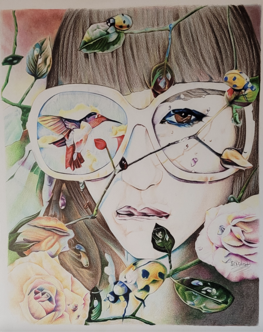 Color pencil portrait of a woman wearing glasses surrounded by roses, ladybugs, and a hummingbird