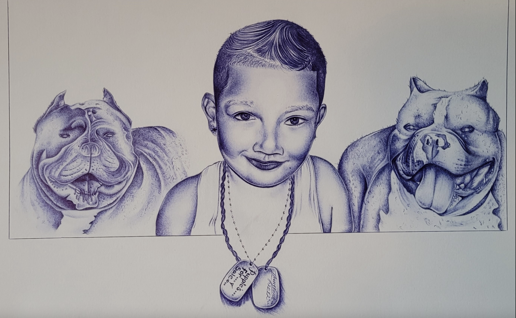 Pen drawing of a smirking young boy wearing dog tags with two pitbulls on either side of him