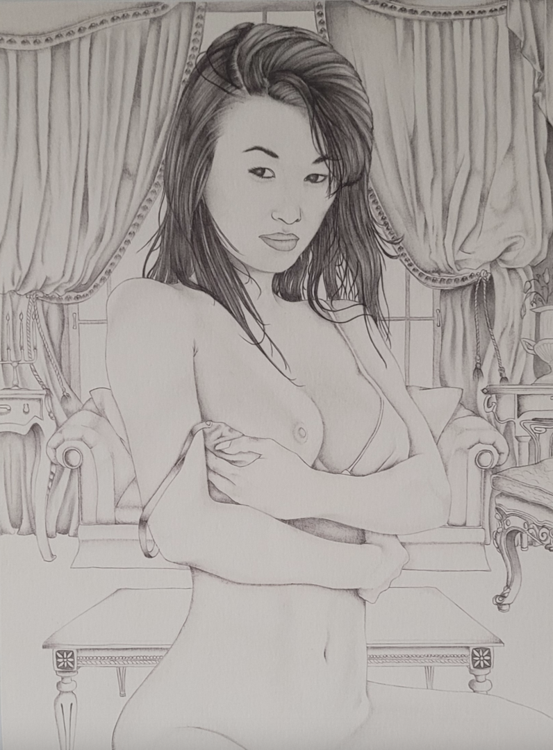 Pen drawing of a woman removing her bra in a living room setting