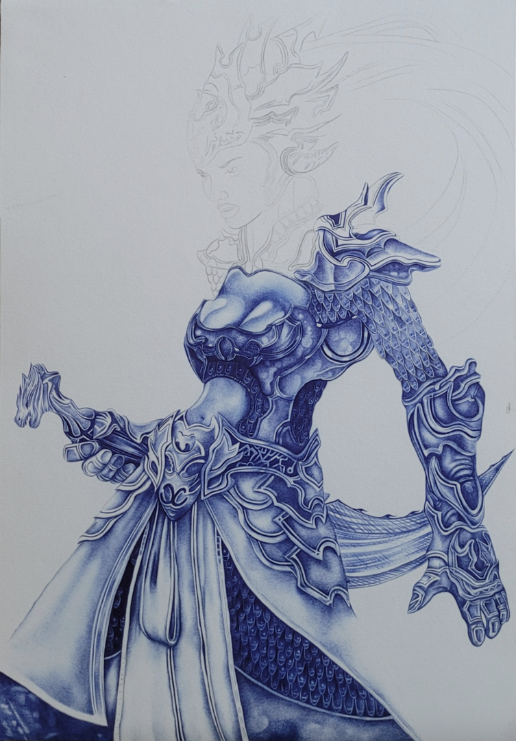 Partially unfinished blue pen drawing of an armed warrior