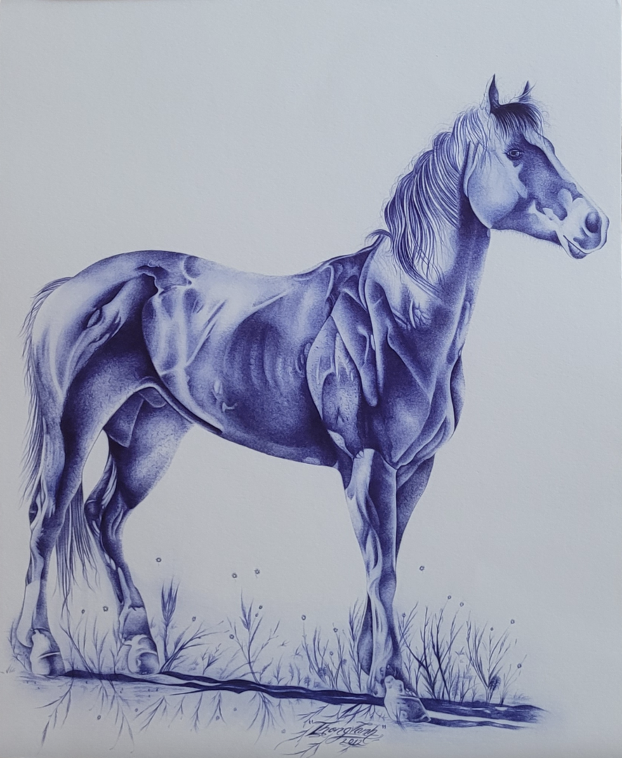 Blue pen drawing of a horse, side view