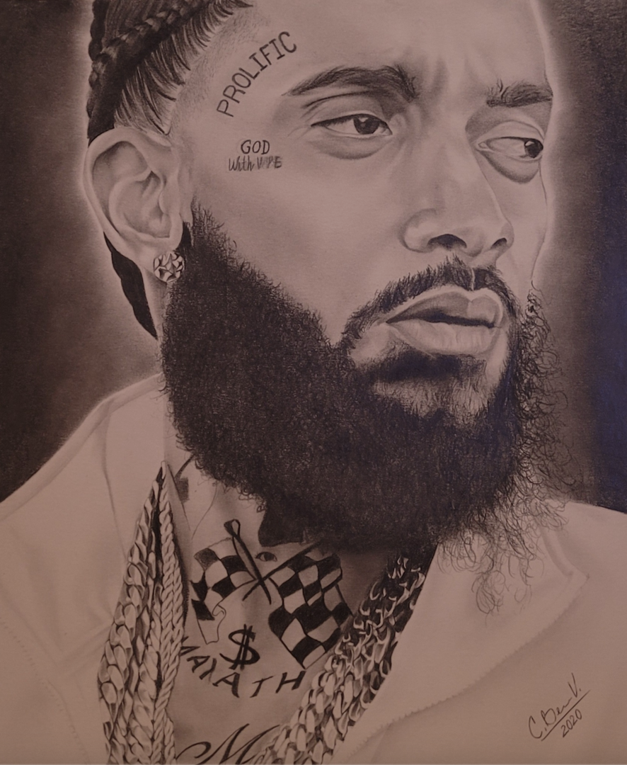 Pencil portrait of Nipsey Hussle in three quarters view