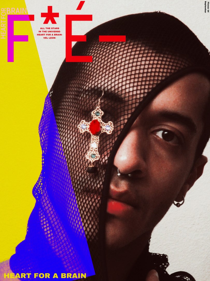 digitally edited photograph of Brandon Santana as the cover of a fake magazine, wearing a fishnet face covering and a bejeweled crucifix, in primary colors