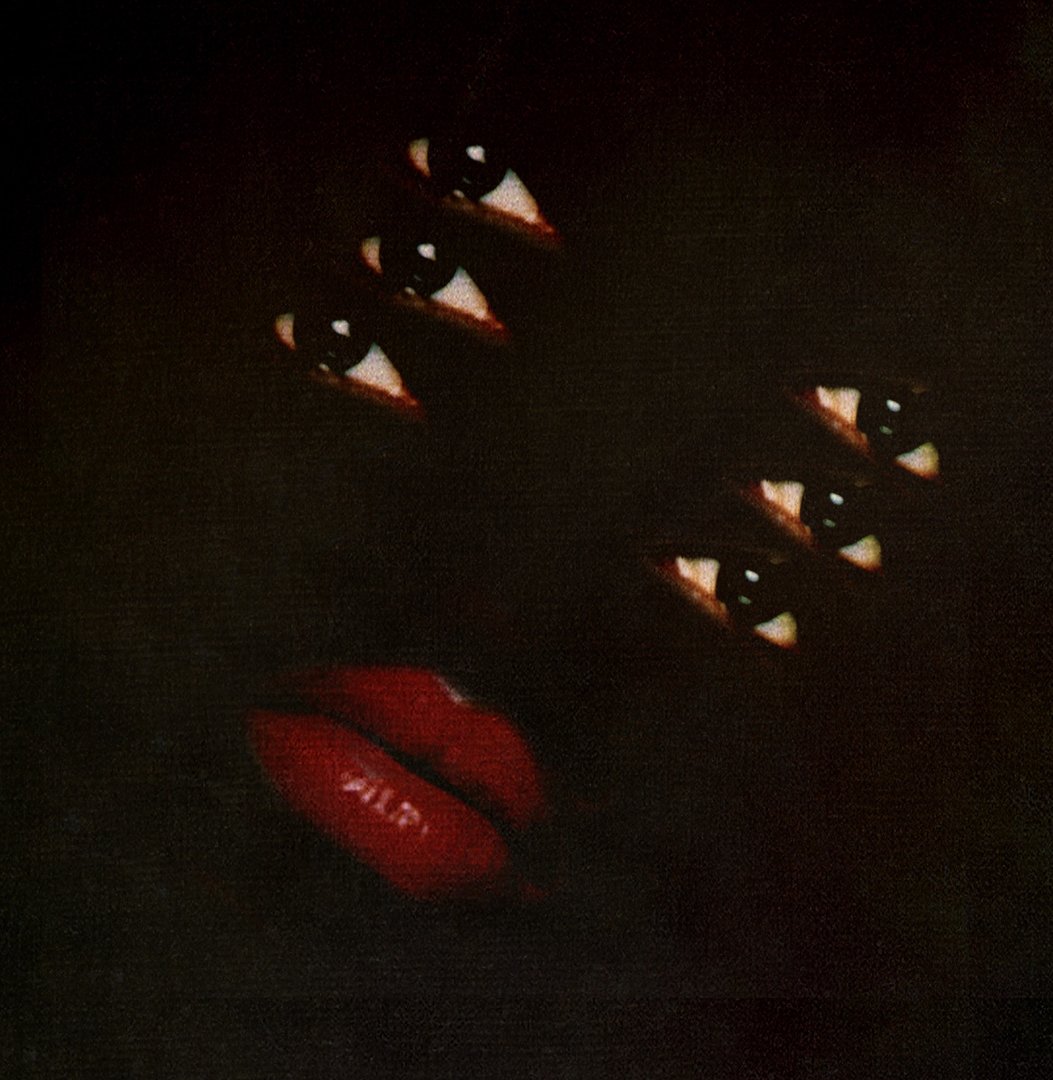 digital artwork of a pair of red lips and six eyes with a black background